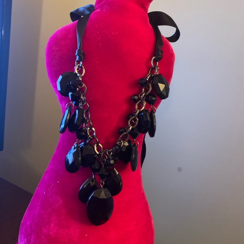 Black Statement Bib Necklace with Ribbon Tie
